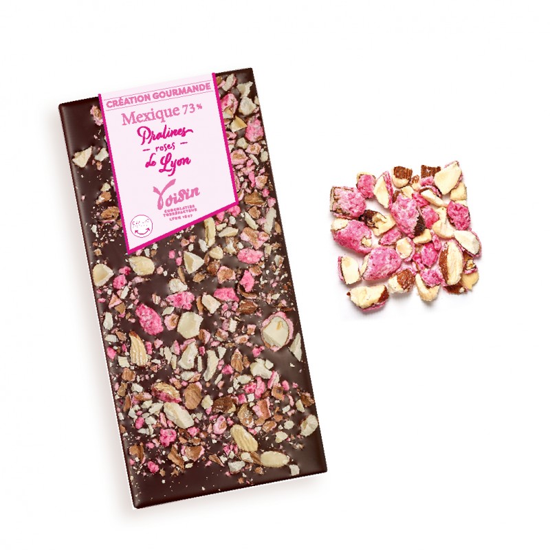 Tablette chocolat Mexique 73% Pralines roses de Lyon création gourmande